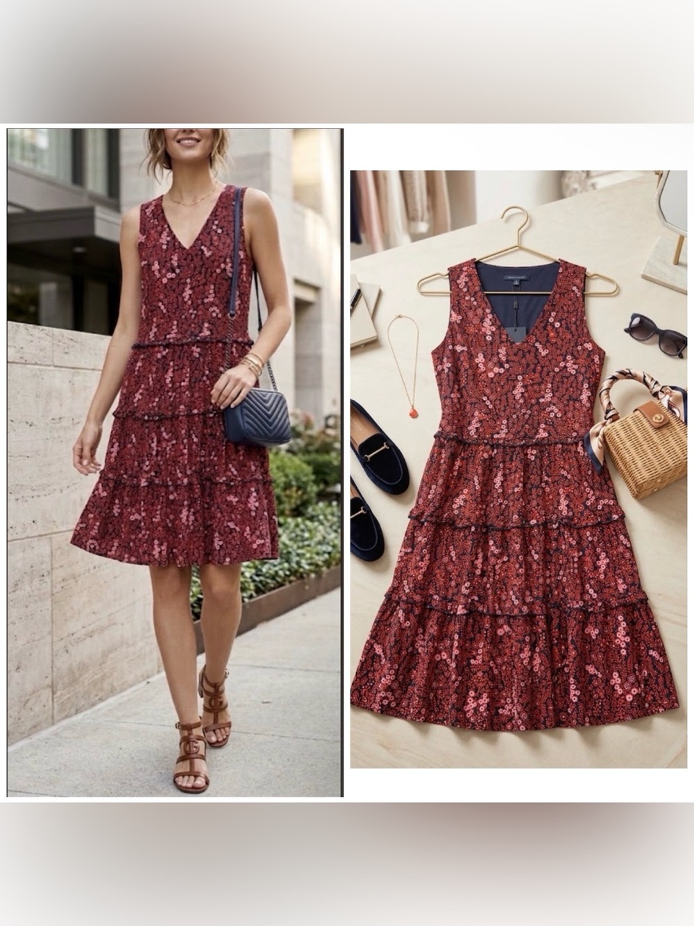 NWT- Tommy Hilfiger Women's Floral Print Tiered V-Neck Sleeveless Mini Red Dress